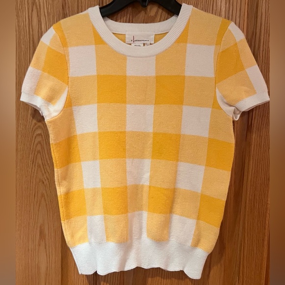 ANTHROPOLOGIE Yellow Classic Check‎ Short Sleeve Sweater Scalloped Hem Size XS - Picture 1 of 8